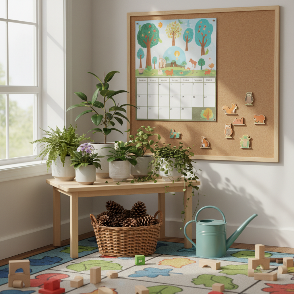 Indoor nature corner in kindergarten, potted plants, pinecones in a basket, watering can, nature calendar on wall