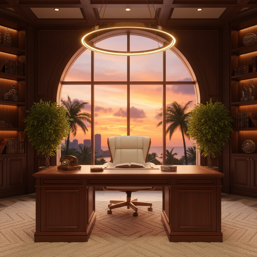 Luxury 1980s mansion office interior with a large desk and chair, Miami sunset view through window, cinematic lighting, no people