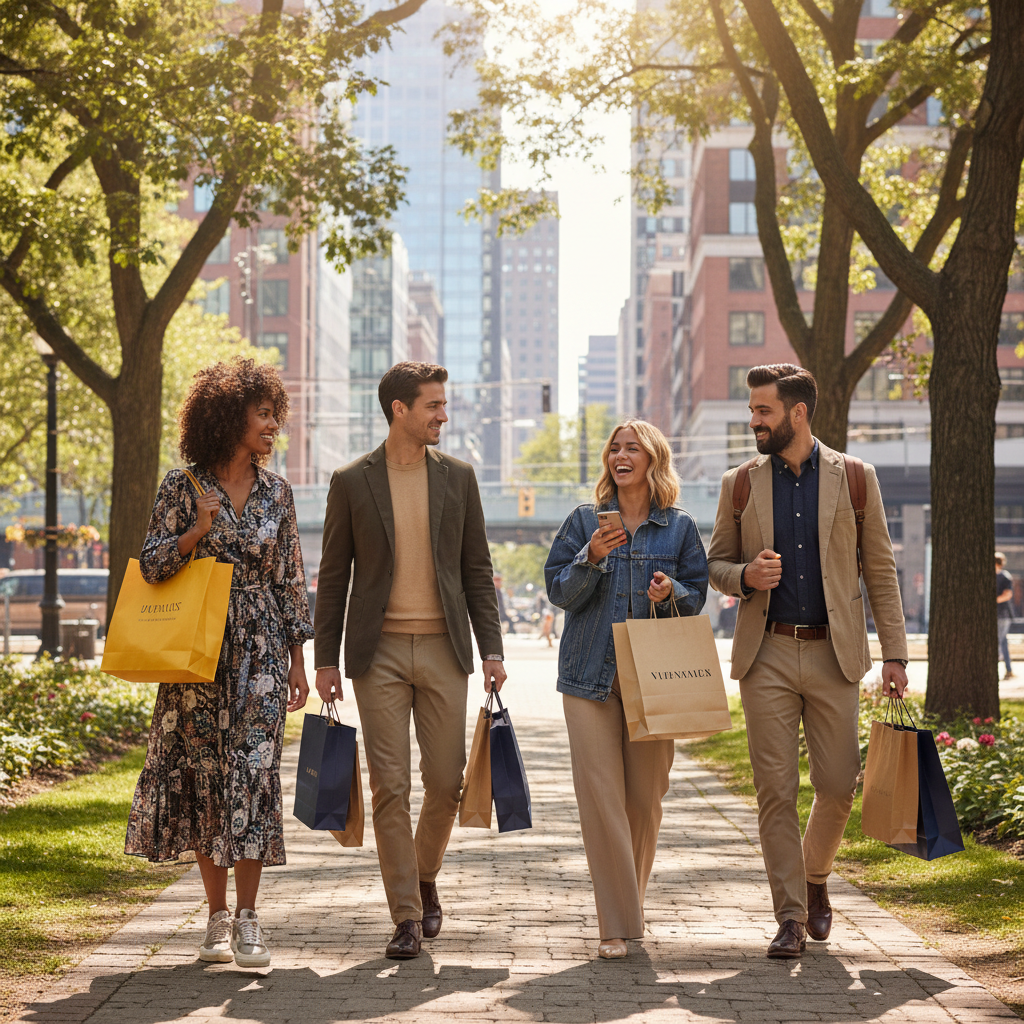 Diverse group of stylish urban young professionals walking in a city park, holding shopping bags, natural lighting, lifestyle photography