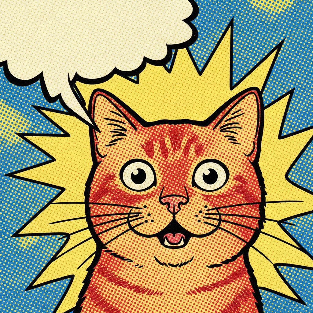 A comic book style illustration of a cat looking surprised, Ben-Day dots shading, thick black outlines, Roy Lichtenstein style, speech bubble
