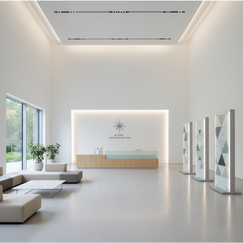 Minimalist corporate lobby or public institution exhibition space, clean signage, modern furniture, neutral tones, photorealistic