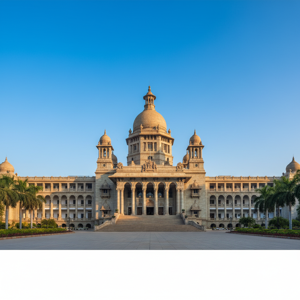 Grand view of Vidhana Soudha in Bangalore, majestic government building, clear blue sky, photorealistic, 8k resolution, suitable for presentation background