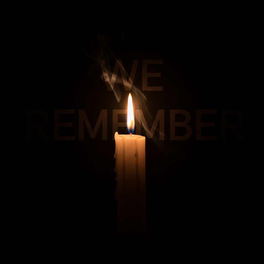 A single lit memorial candle against a black background, with text 'We Remember' faintly visible or implied by mood