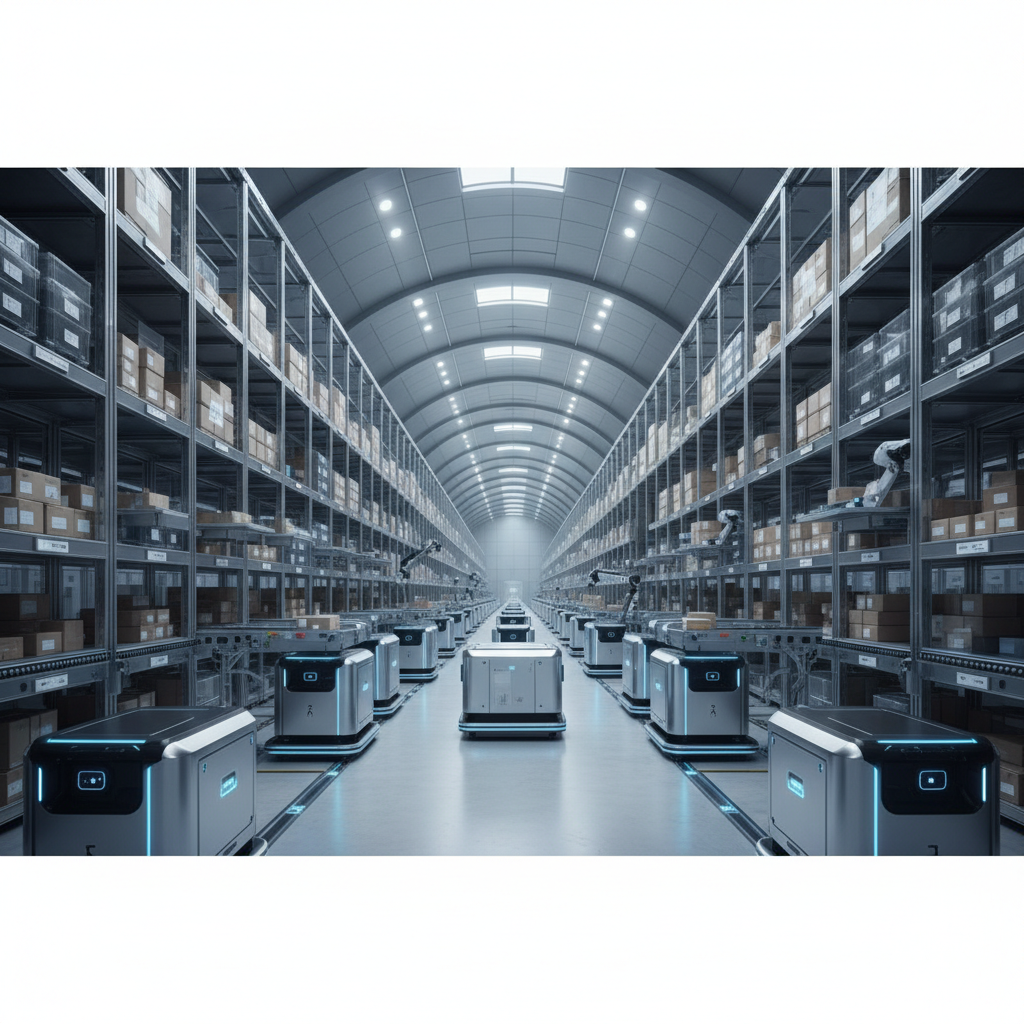 Large scale modern automated warehouse interior with high shelves, logistic robots, clean industrial environment