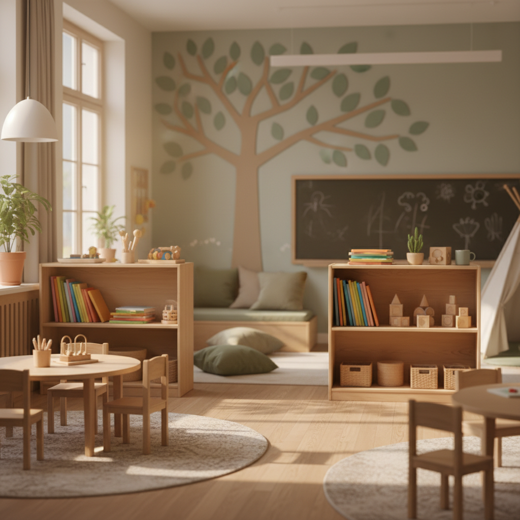 Soft lighting in a cozy elementary classroom, blurred background, warm beige and sage green tones, photorealistic, high quality, no people