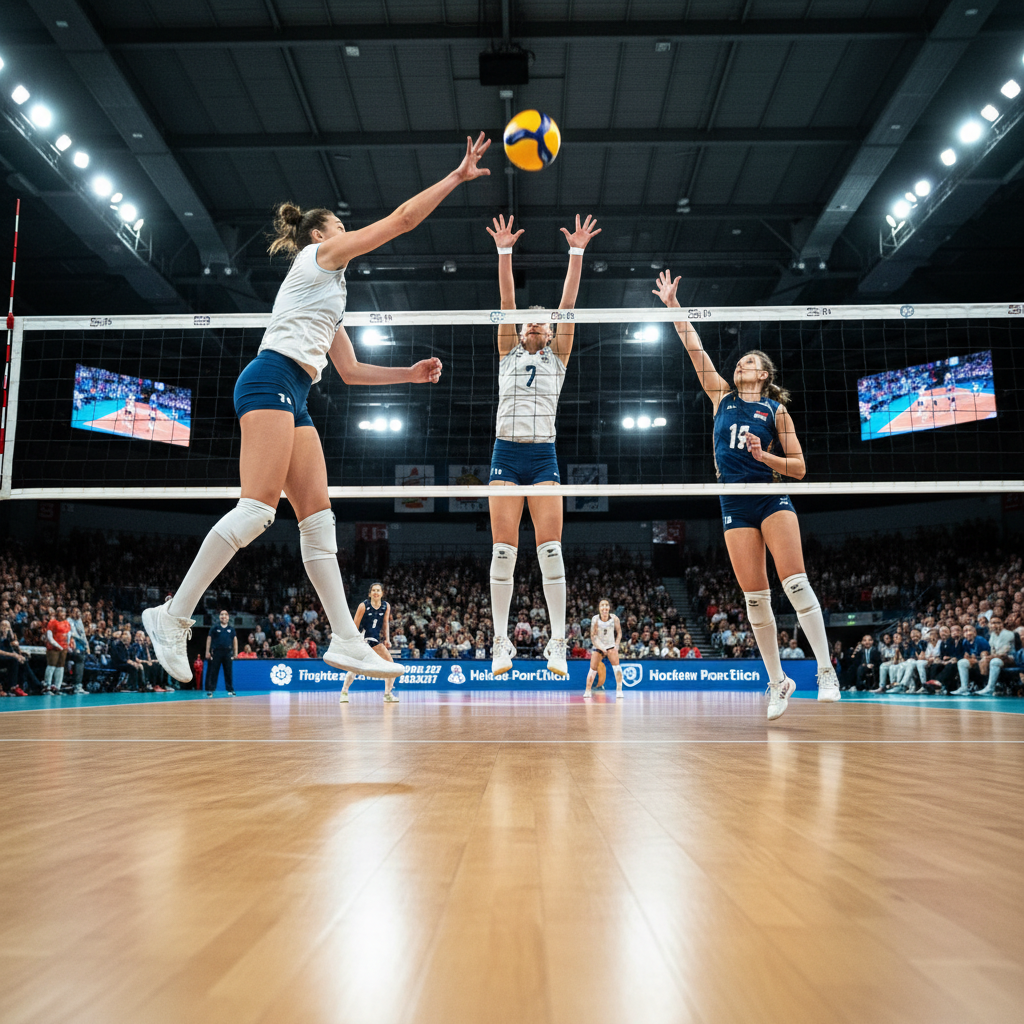 Professional volleyball match in a large stadium, bright lighting, dynamic action close to the net, photorealistic style, high definition