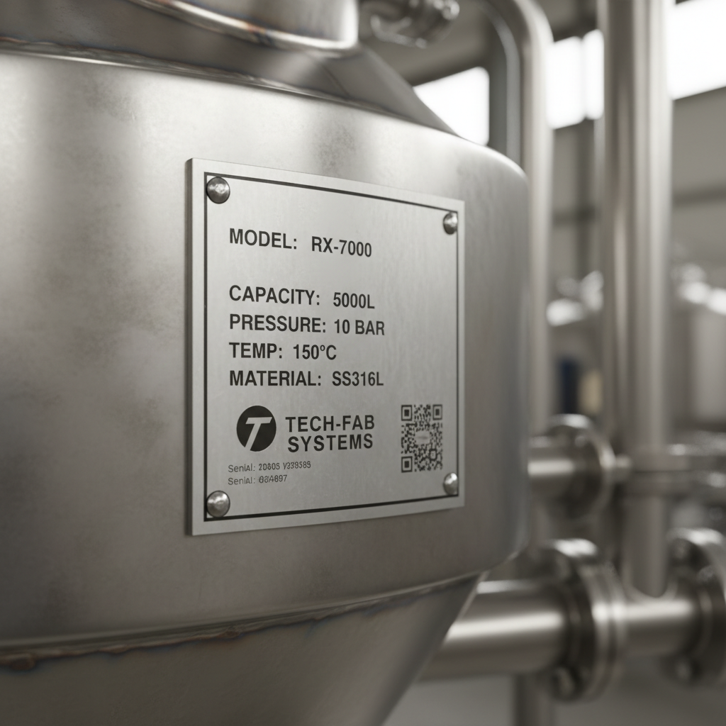 plaque signalétique industrielle métal sur cuve inox informations techniques gravées