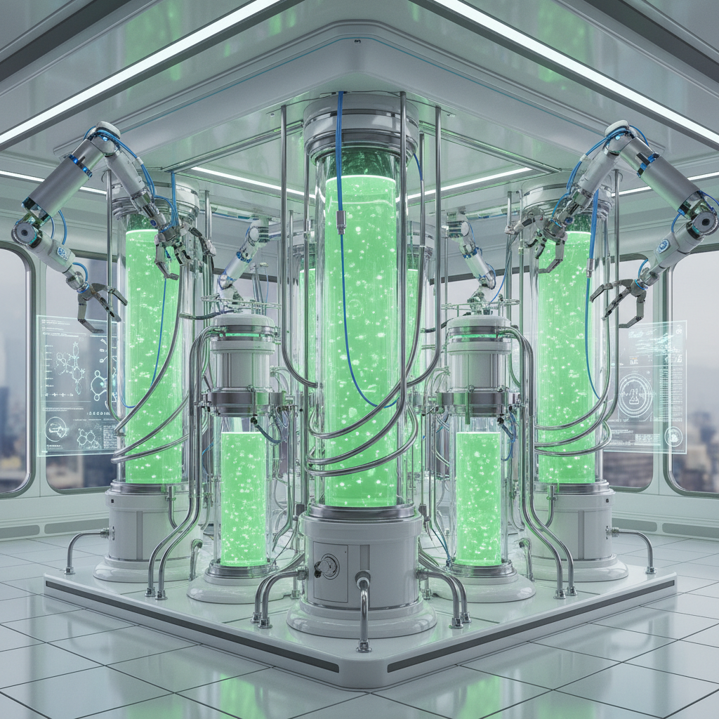 Futuristic glass cylindrical bioreactors glowing green in a clean high-tech laboratory setting, 3d render, photorealistic