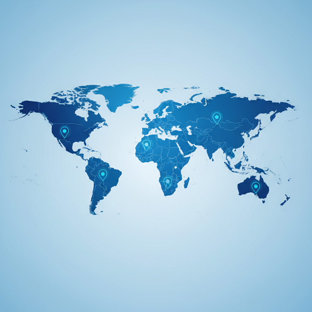 World map with pinpoints on India, USA, UK, Kenya, Australia, and Canada, corporate blue style vector aesthetic