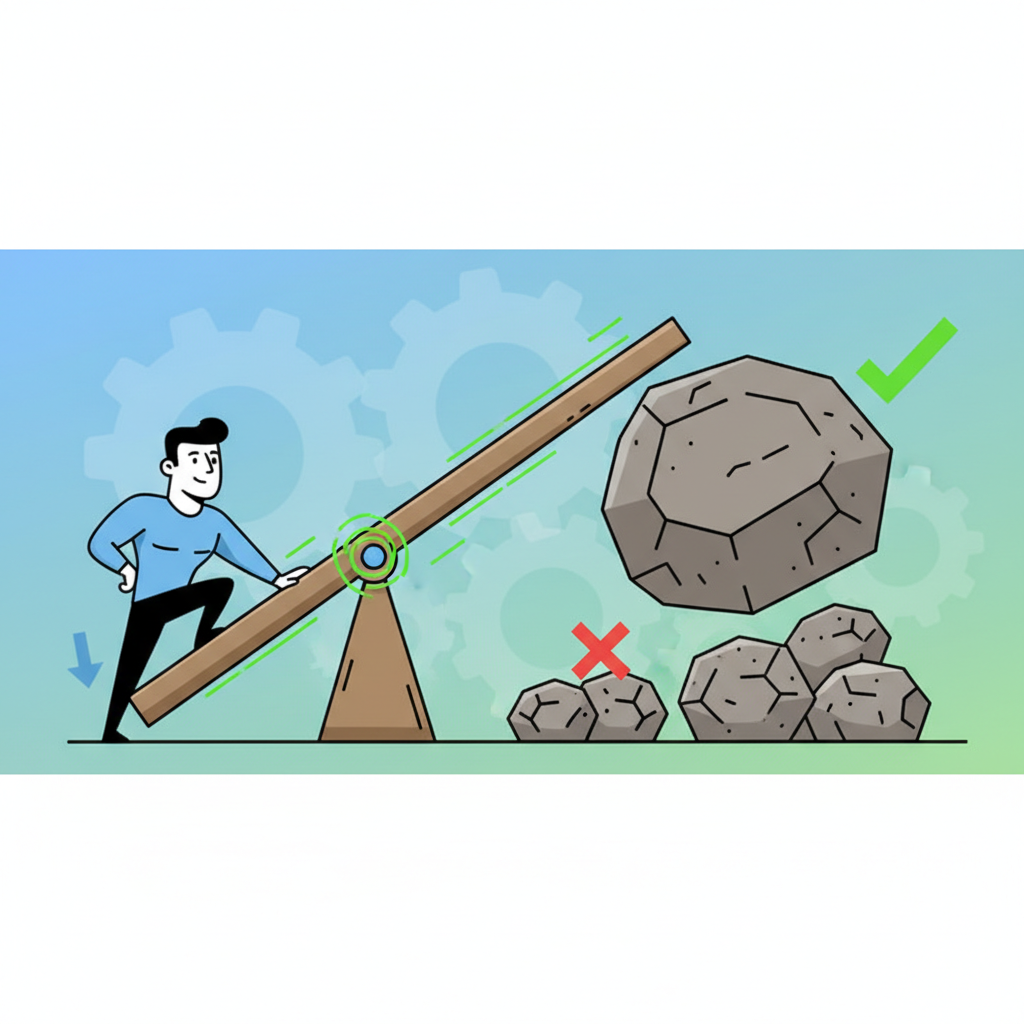 illustration of a large lever lifting a heavy rock implies ease and mechanical advantage, simple clean graphics