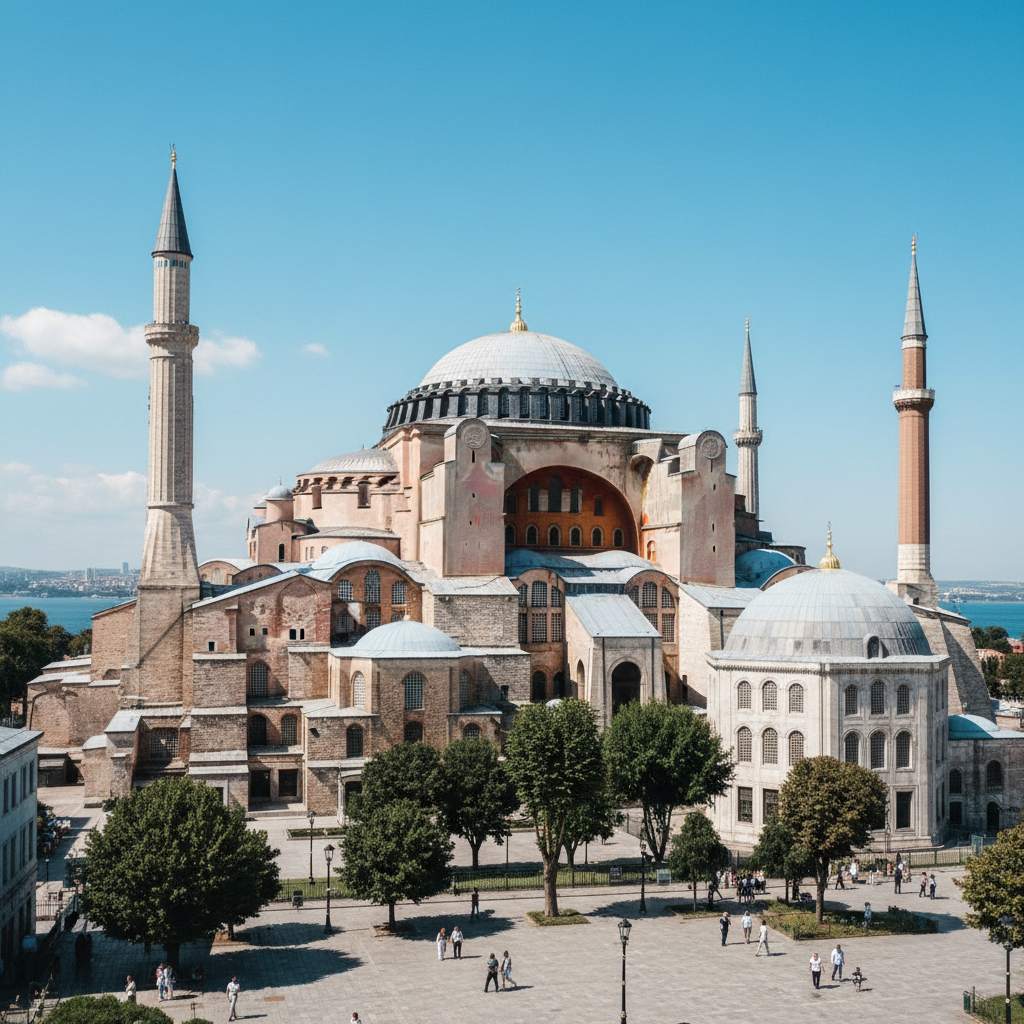 Full exterior shot of Hagia Sophia, day time, majestic, showing the central dome and semi-domes, massive buttresses, photorealistic history