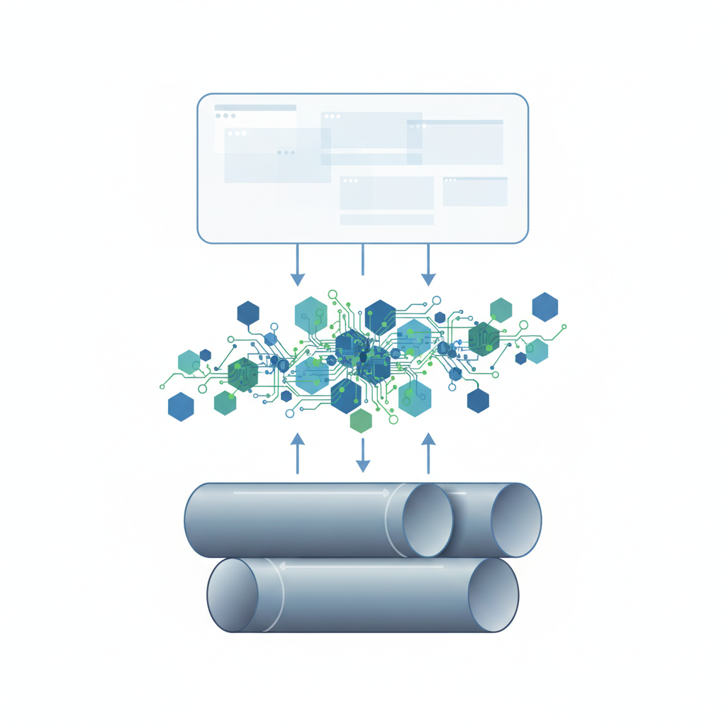 diagram of three tier database architecture, user interface at top, logical middle layer, physical storage cylinders at bottom, data flow arrows, vector style