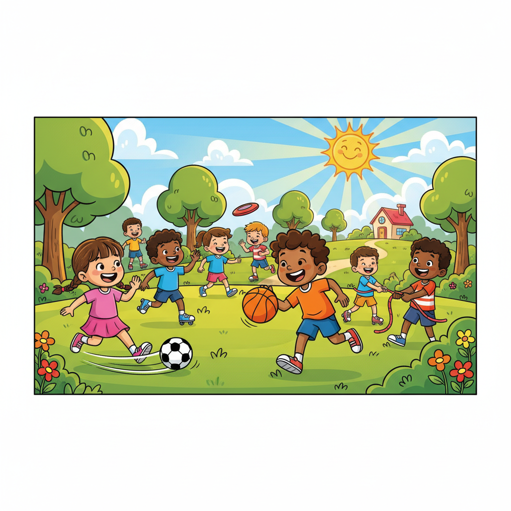 Vibrant cartoon-style illustration of diverse young children playing different sports like soccer, basketball, and running in a sunny park, bright colors, happy expressions