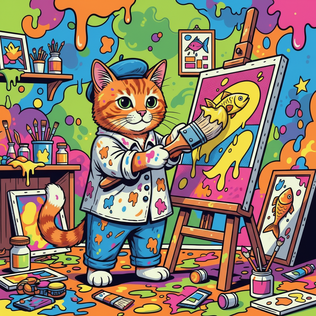 A cat artist painting with a brush, messy colorful studio, pop art style, thick outlines, comic book aesthetic