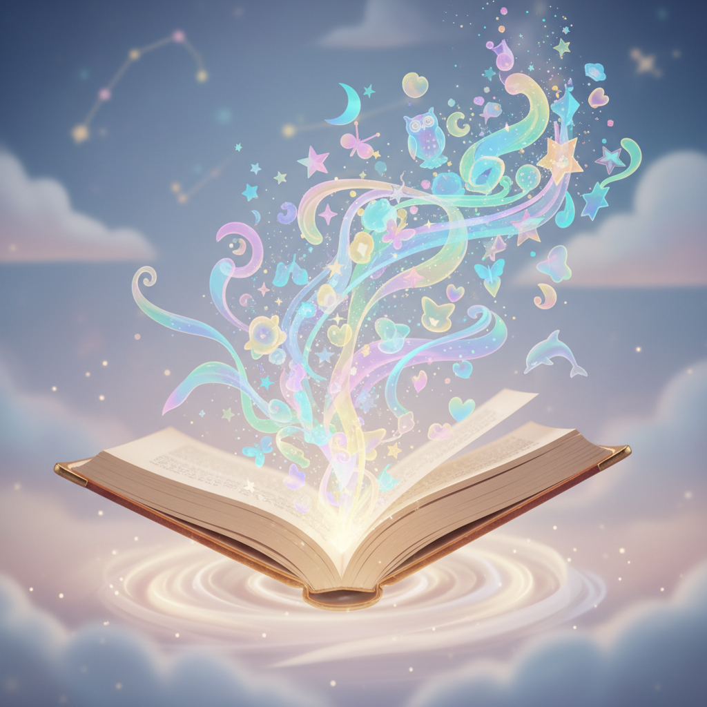 Whimsical 3D illustration of an open glowing book with colorful magical shapes floating out of it, soft lighting, educational cartoon style, high quality
