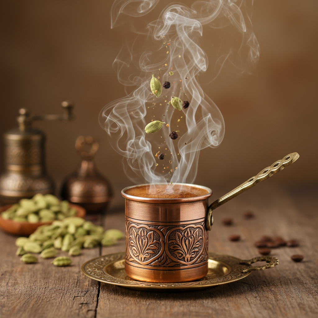 Turkish coffee cup with cardamom steam rising