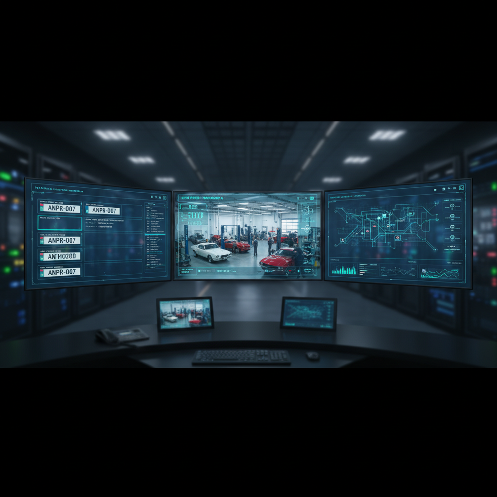 High tech security command center screens showing CCTV footage of car workshop, ANPR system interface, digital overlay, professional