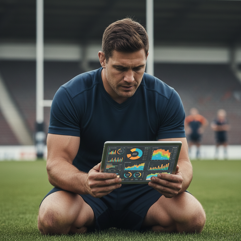 Focused rugby player viewing a tablet or screen with data analytics, high quality professional photography, depth of field, serious tone