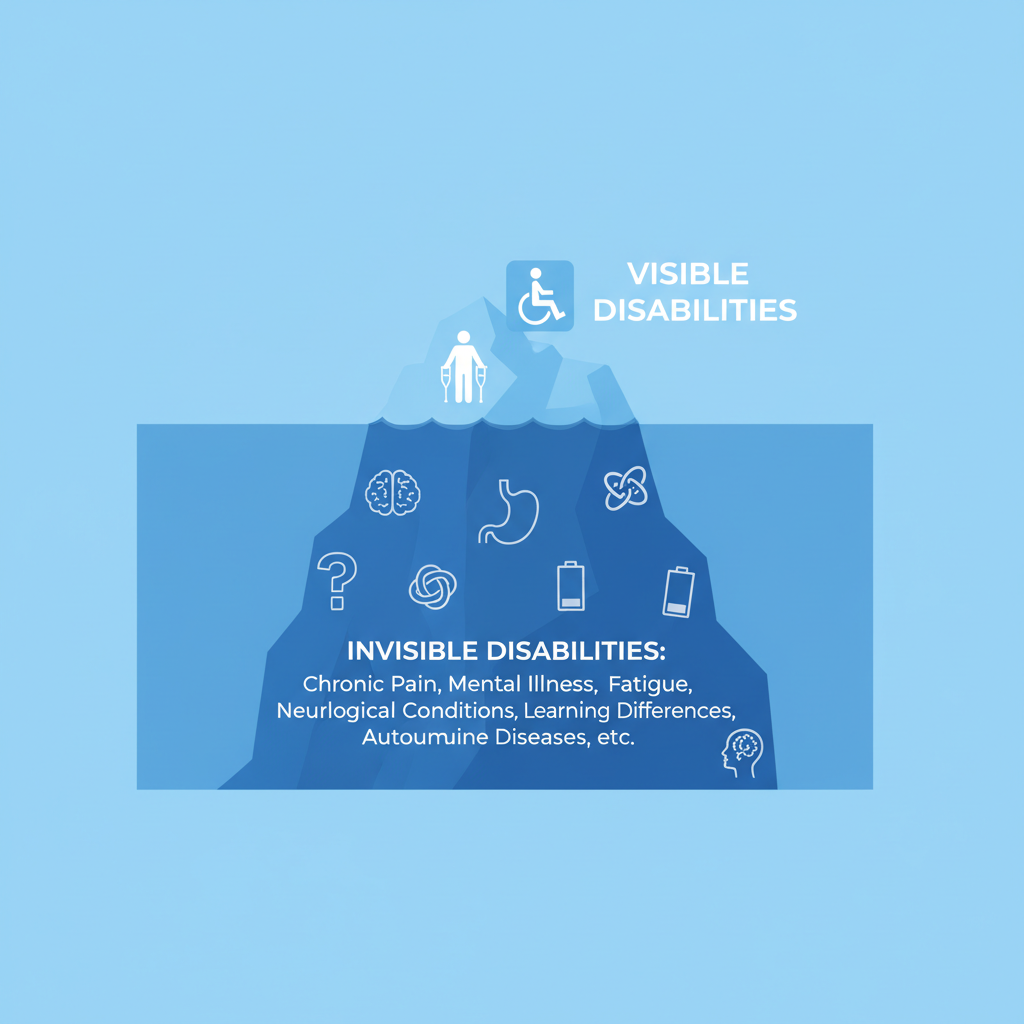 Iceberg metaphor illustration, tip of the iceberg visible above water representing visible disabilities, large mass underwater representing invisible disabilities, minimalist flat design, blue tones
