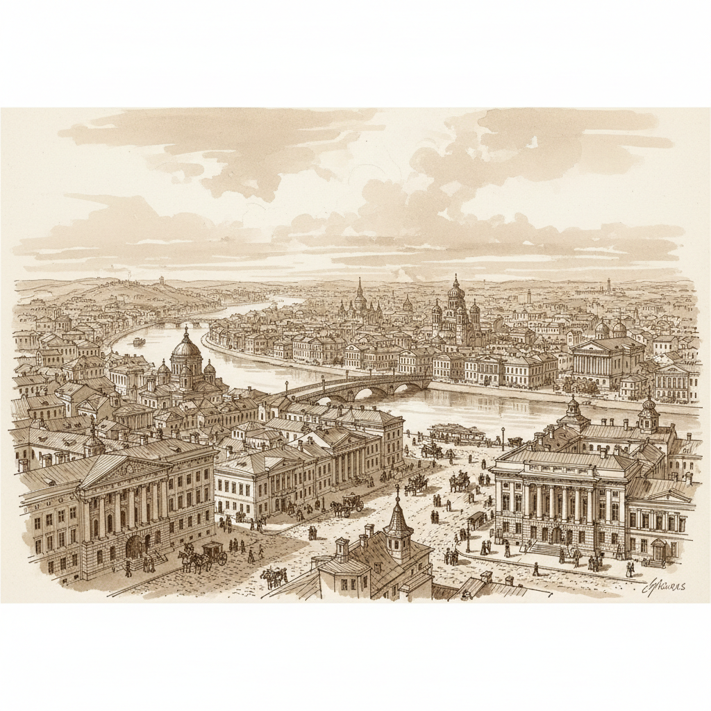 Vintage sepia cityscape of a 19th-century European town, wide shot, architectural style of the Russian Empire, ink and wash style
