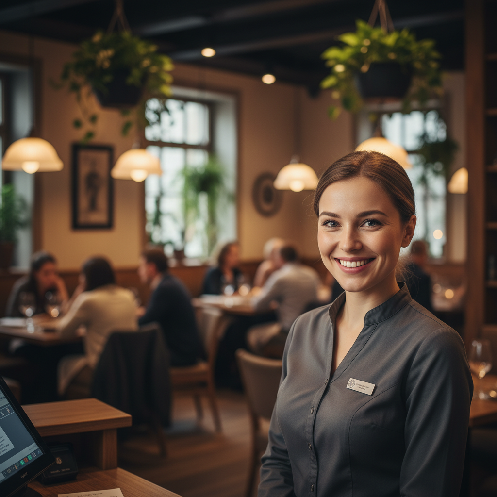 A warm, genuine smile from a restaurant hostess greeting guests, soft inviting lighting, shallow depth of field, high quality photography