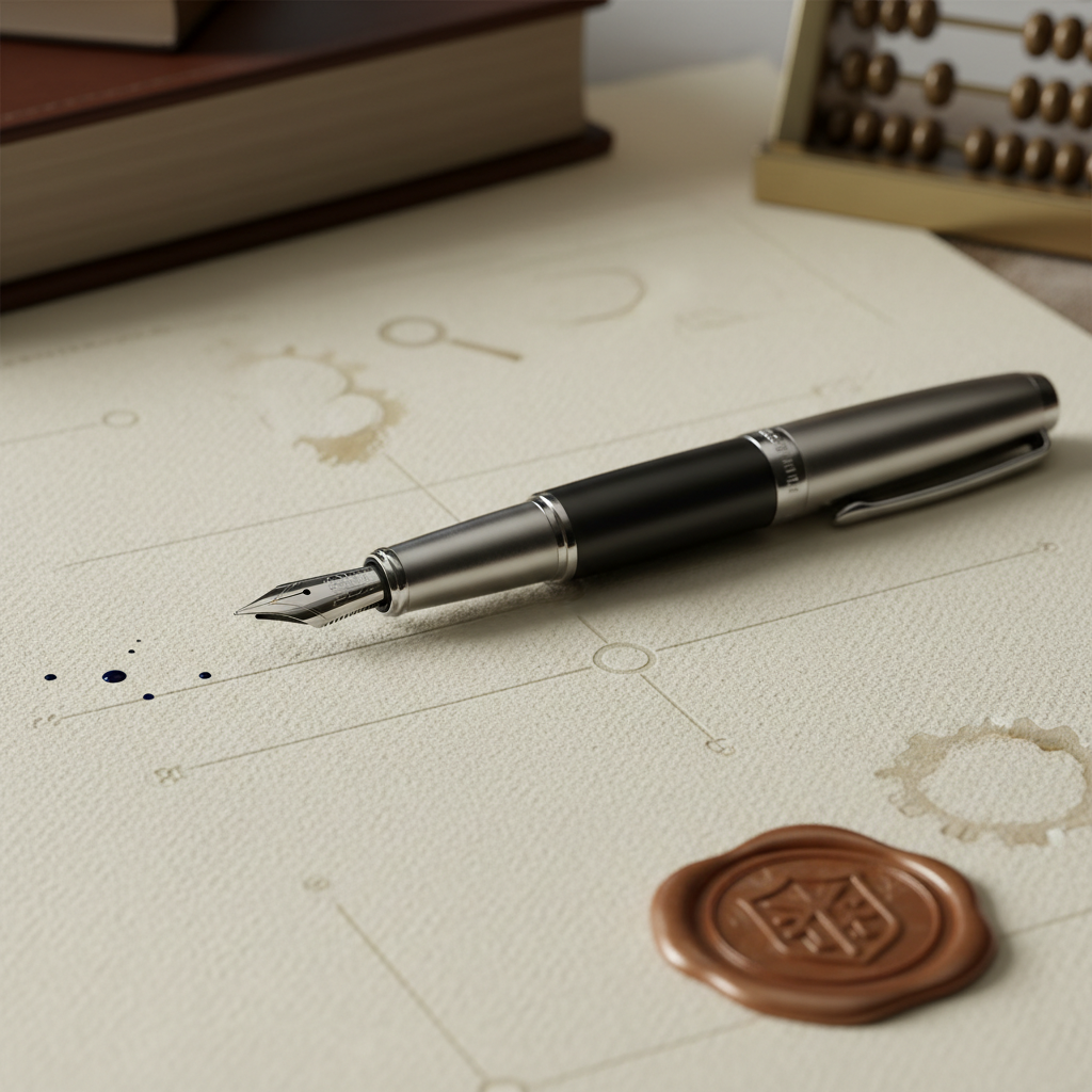 Macro photography of a fountain pen resting on a textured high-quality paper document, symbols of precision and evaluation, soft lighting, professional office aesthetic