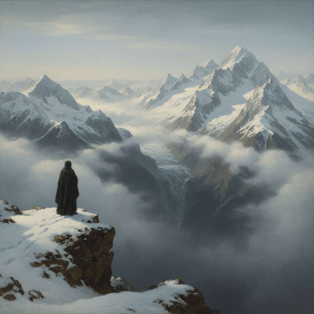 Snowy Alps mountain peak, lone figure standing on a cliff edge looking into the abyss, Caspar David Friedrich style, mist, sublimity