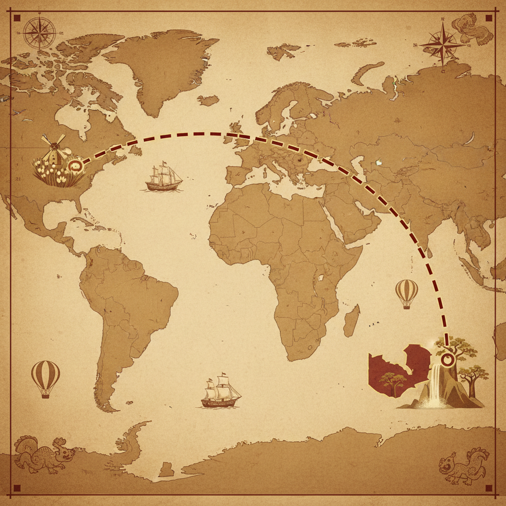 Stylized map showing a flight path arc from Netherlands to Zambia, warm colors, vintage map style