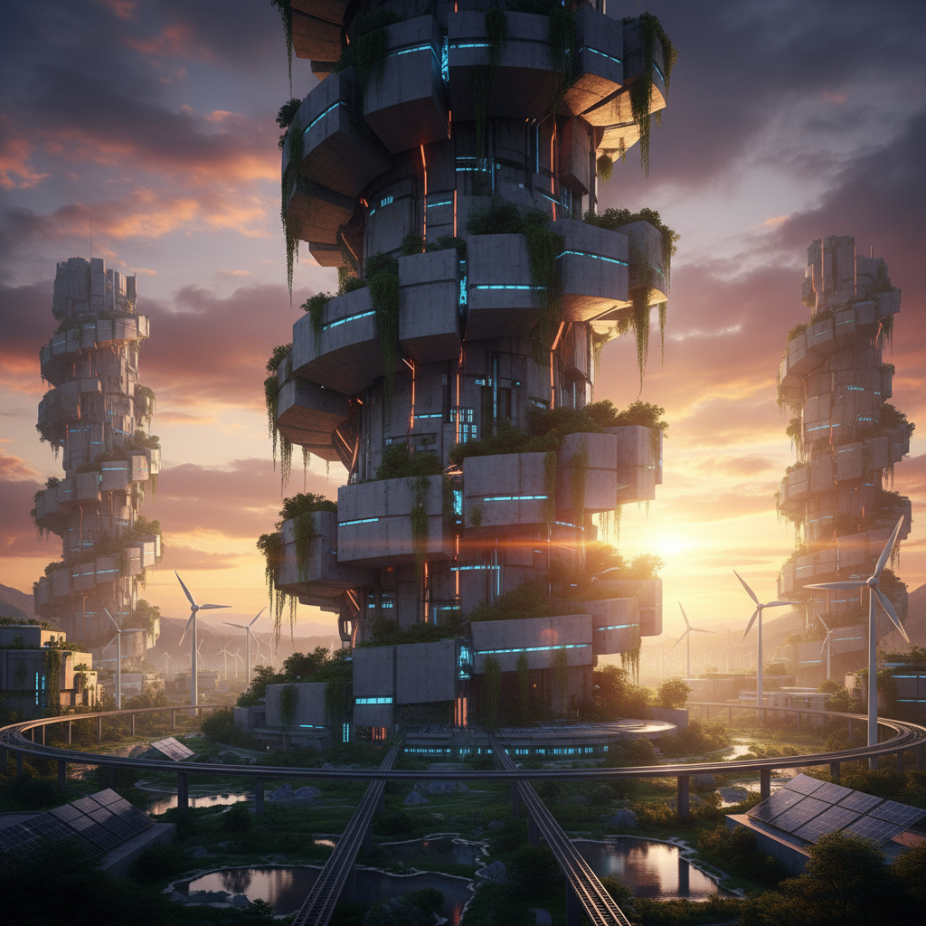 Futuristic energy gravity storage tower composed of stacked heavy concrete blocks, sunset background, industrial eco-friendly aesthetic, 8k resolution, cinematic lighting