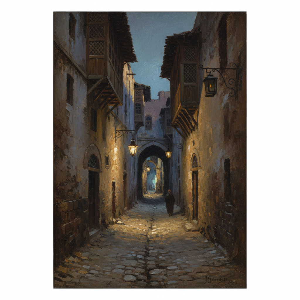 narrow cobblestone alleyway in damascus at night, mysterious atmosphere, shadows, 19th century oil painting style