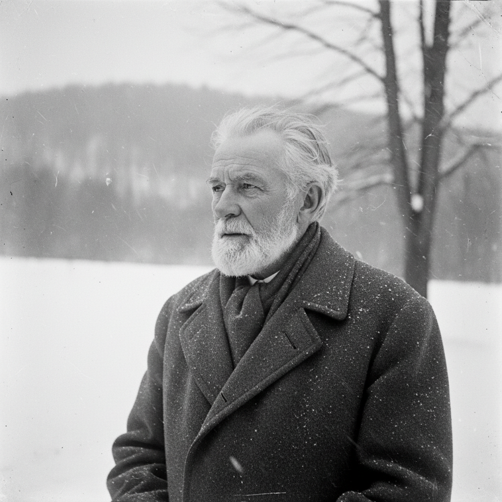 Robert Frost portrait in winter, vintage photography style, snowy background