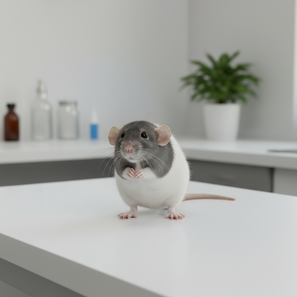 High qualty professional photo of a cute dumbo rat sitting on a clean veterinary table, soft lighting, blurred clinical background, minimalism