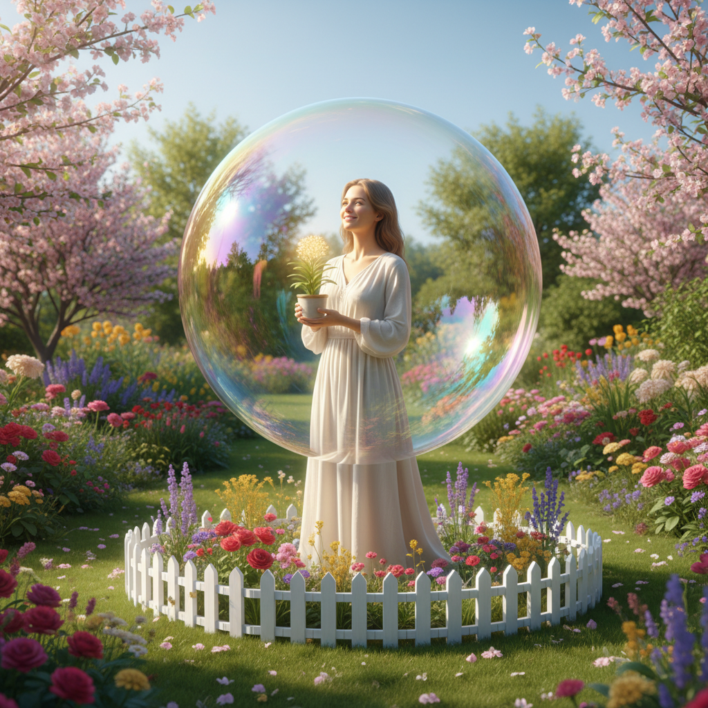 metaphor illustrating personal boundaries, a person inside a transparent protective bubble or a gentle fence in a garden, bright colors