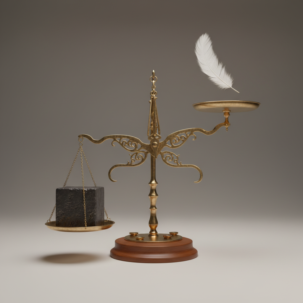 A vintage balance scale with a heavy weight labeled 'Efficiency' pushing down on one side, lifting up a light feather labeled 'People', 3D render, studio lighting