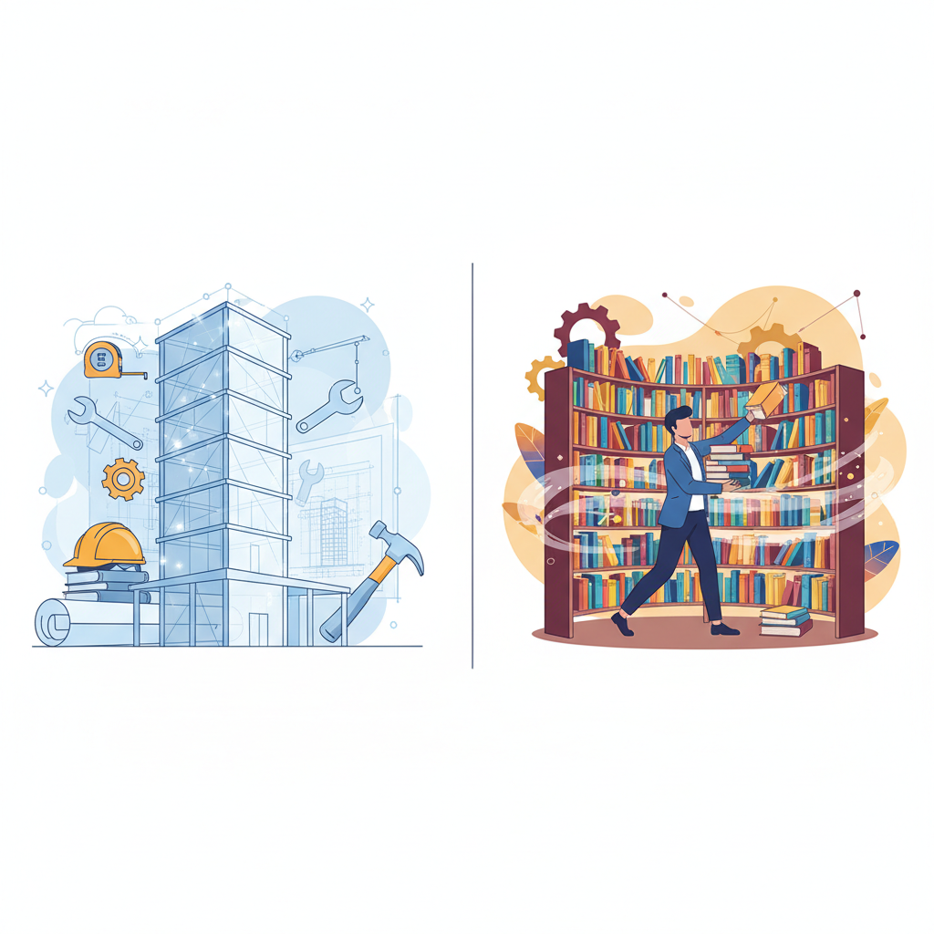split illustration: left side showing blueprints and construction tools (structure), right side showing a librarian sorting colorful books (manipulation)