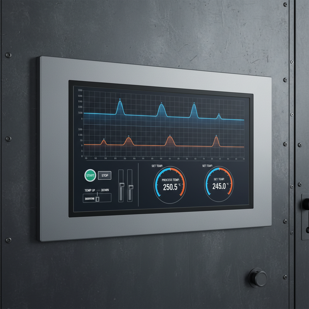 industrial touchscreen HMI interface displaying temperature graphs and controls