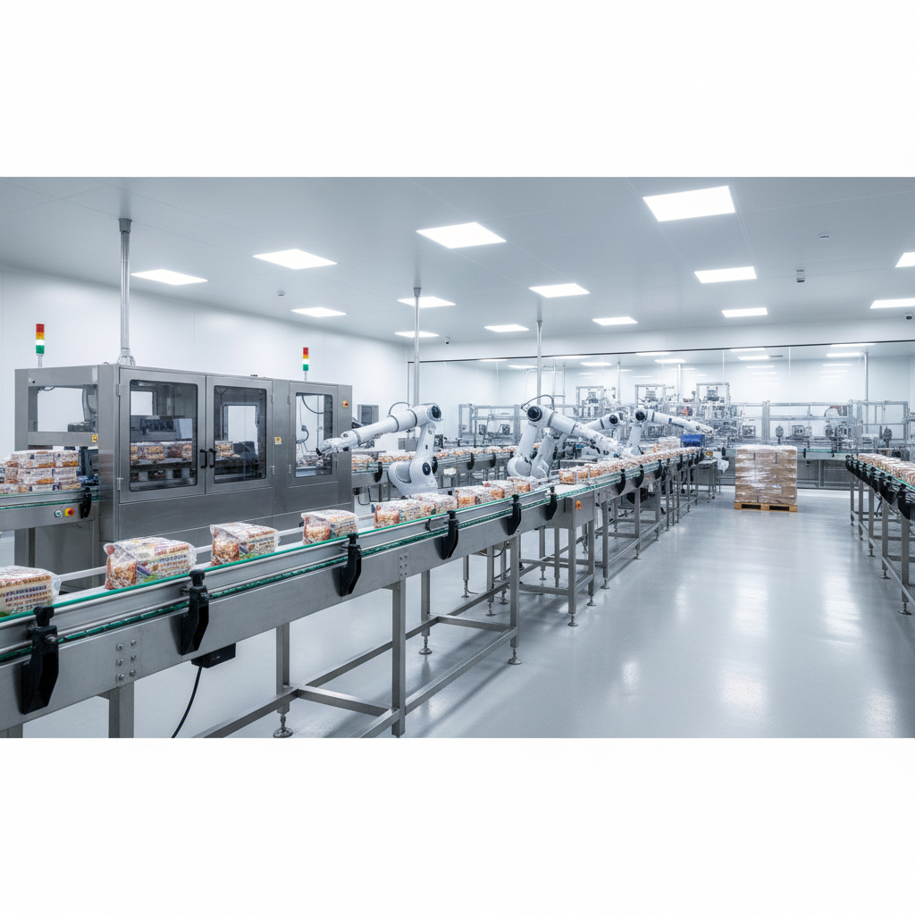 wide shot of modern food processing facility interior, clean, automated packaging background