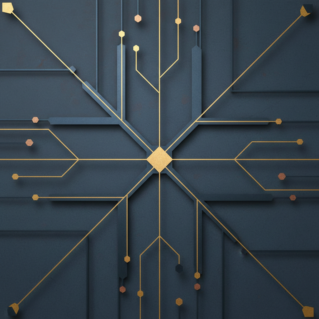 Minimalist geometric background with branching paths symbolizing diversification, deep slate blue and gold colors, subtle texture.