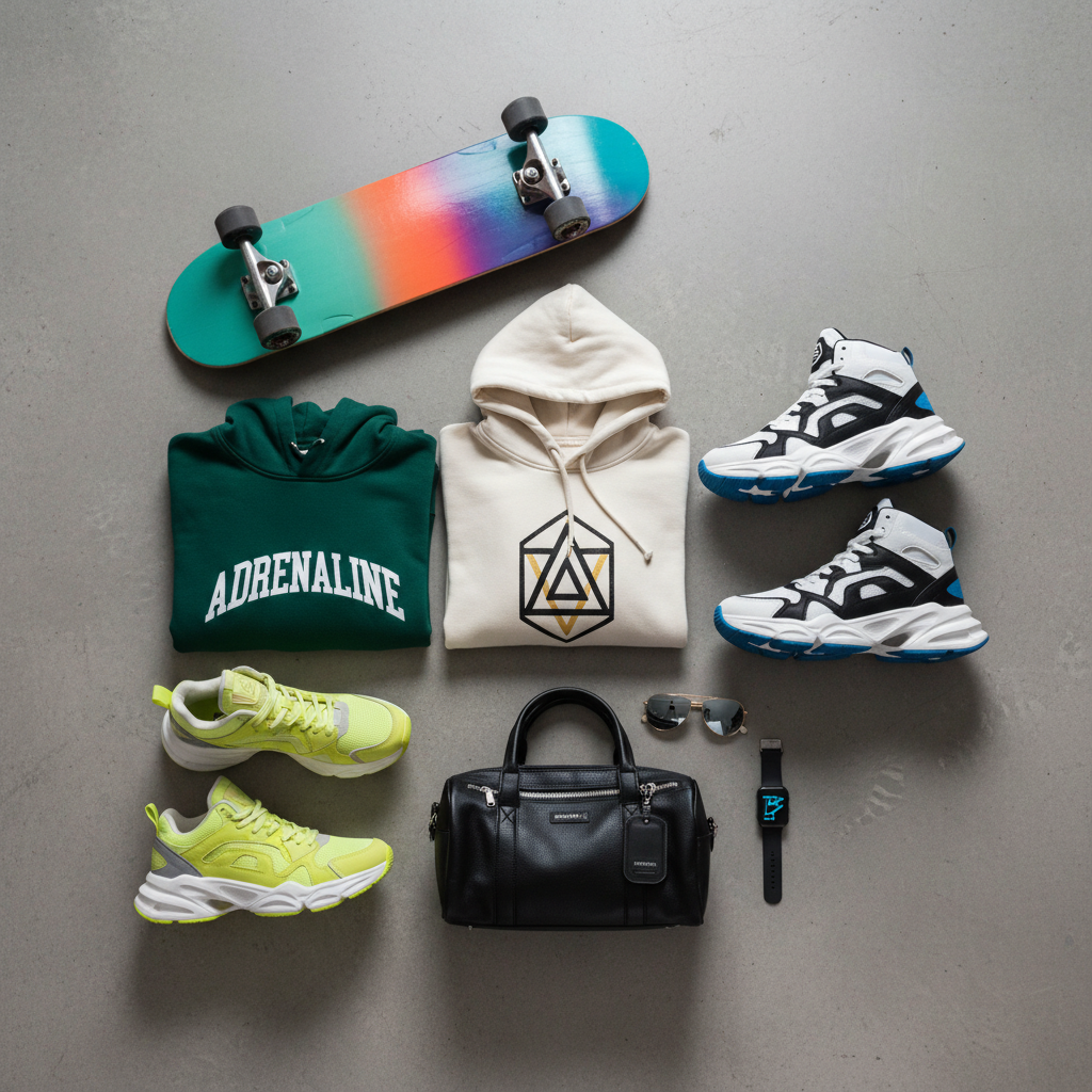 Stylish layout of trendy sports equipment: colorful skateboard, branded hoodies, designer sneakers on a concrete surface, overhead shot