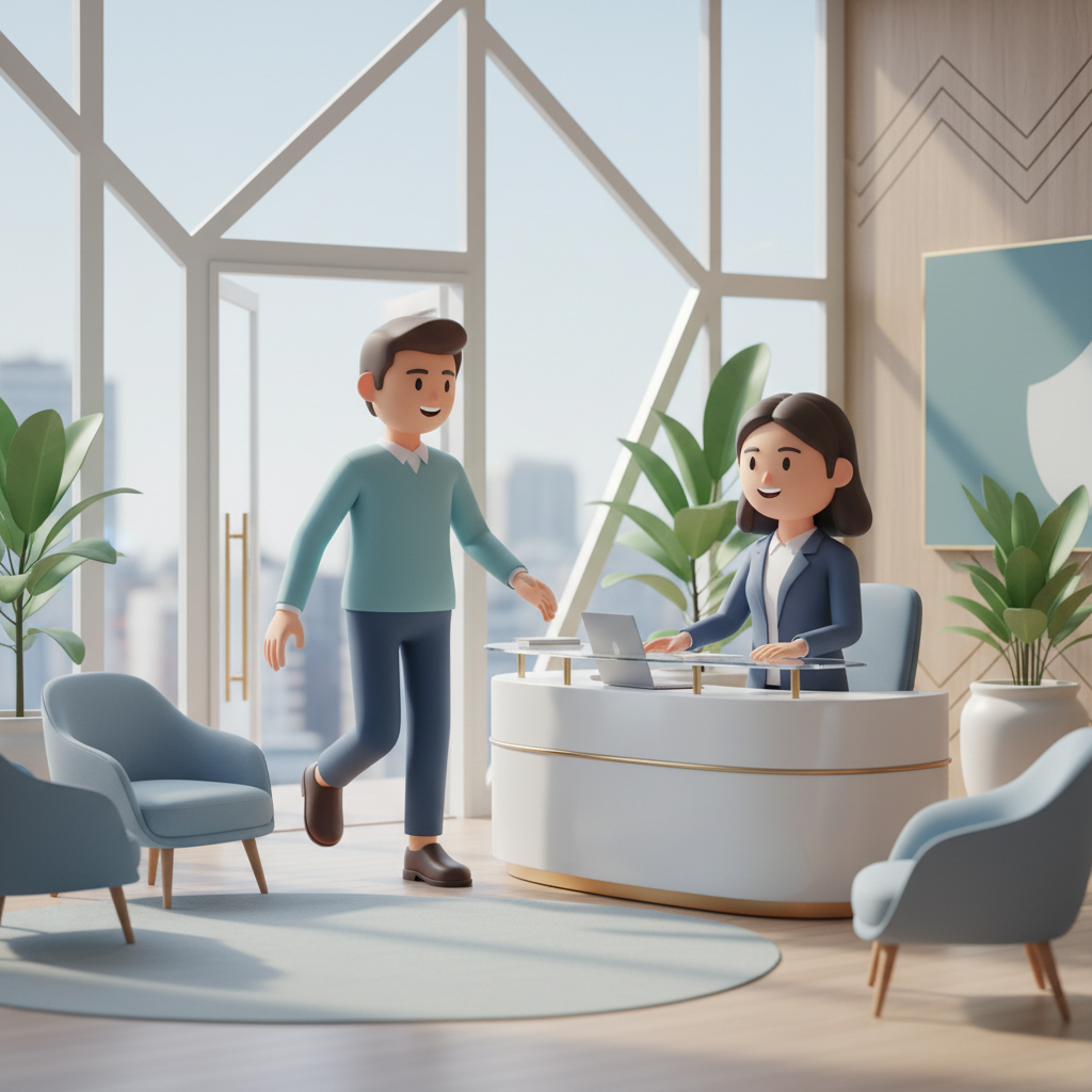 3D illustration of a customer entering a modern office, welcoming atmosphere