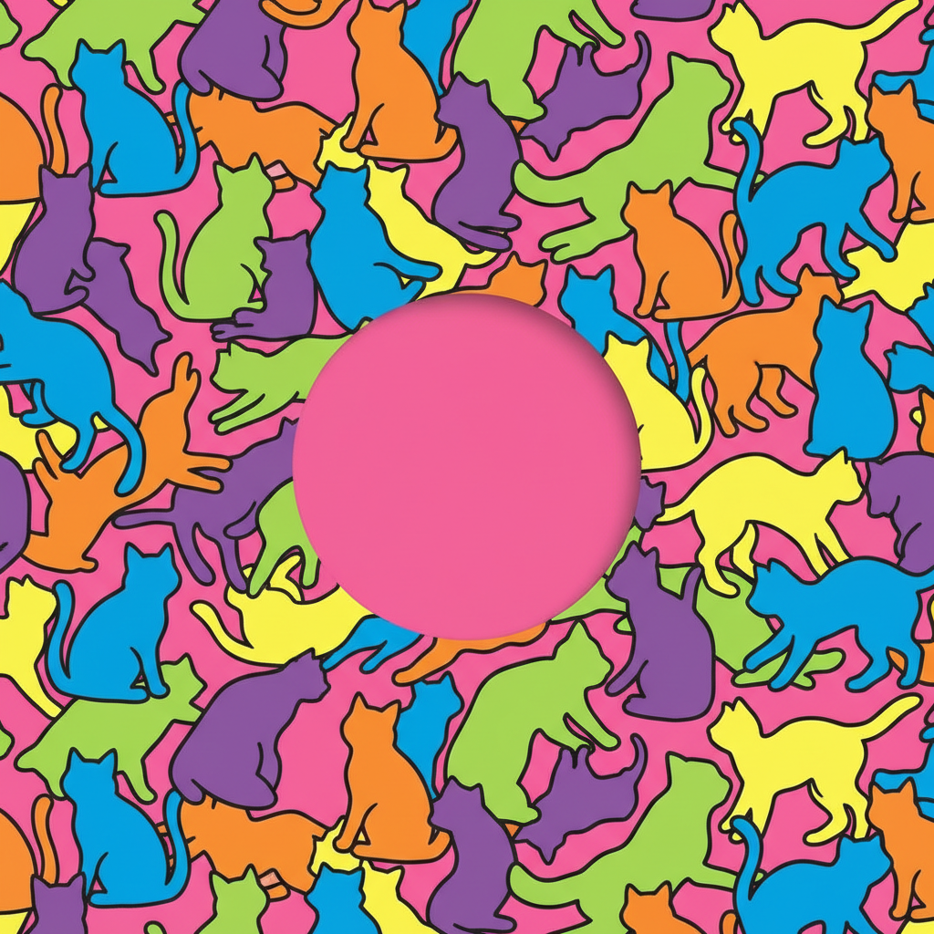 Abstract pop art pattern full of colorful cat silhouettes, camouflage style, vibrant neon colors, pink background, circle cutout