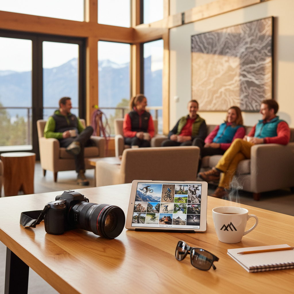 Bright, modern adventure resort cafe scene. In the foreground, a wooden table with a DSLR camera, a tablet showing action sports photos, and a branded coffee cup. In the blurred background, happy people in adventure gear relaxing. Photorealistic, 8k, warm lighting.