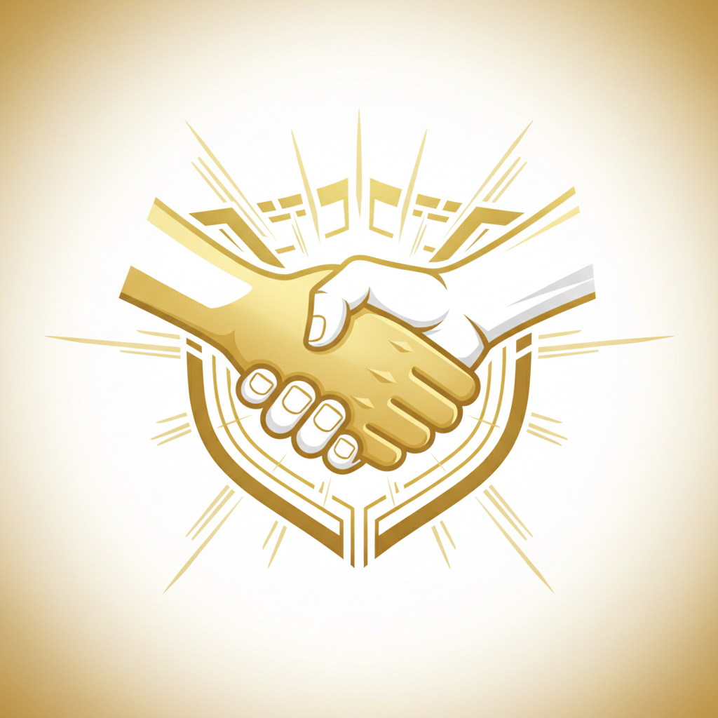 Icon illustration of hands holding together, representing unity and strength, gold and white colors