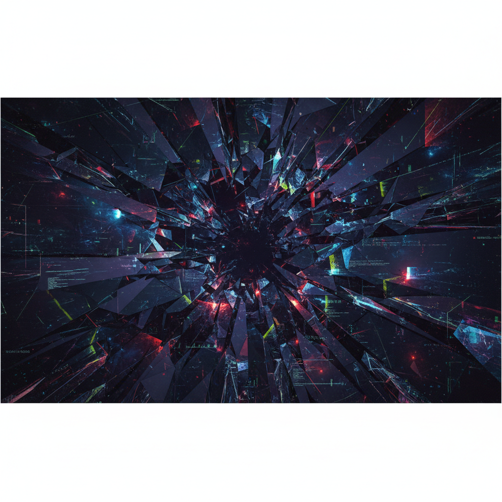 abstract digital glitch art, fractured glass effect, dark mood, chaos, system failure