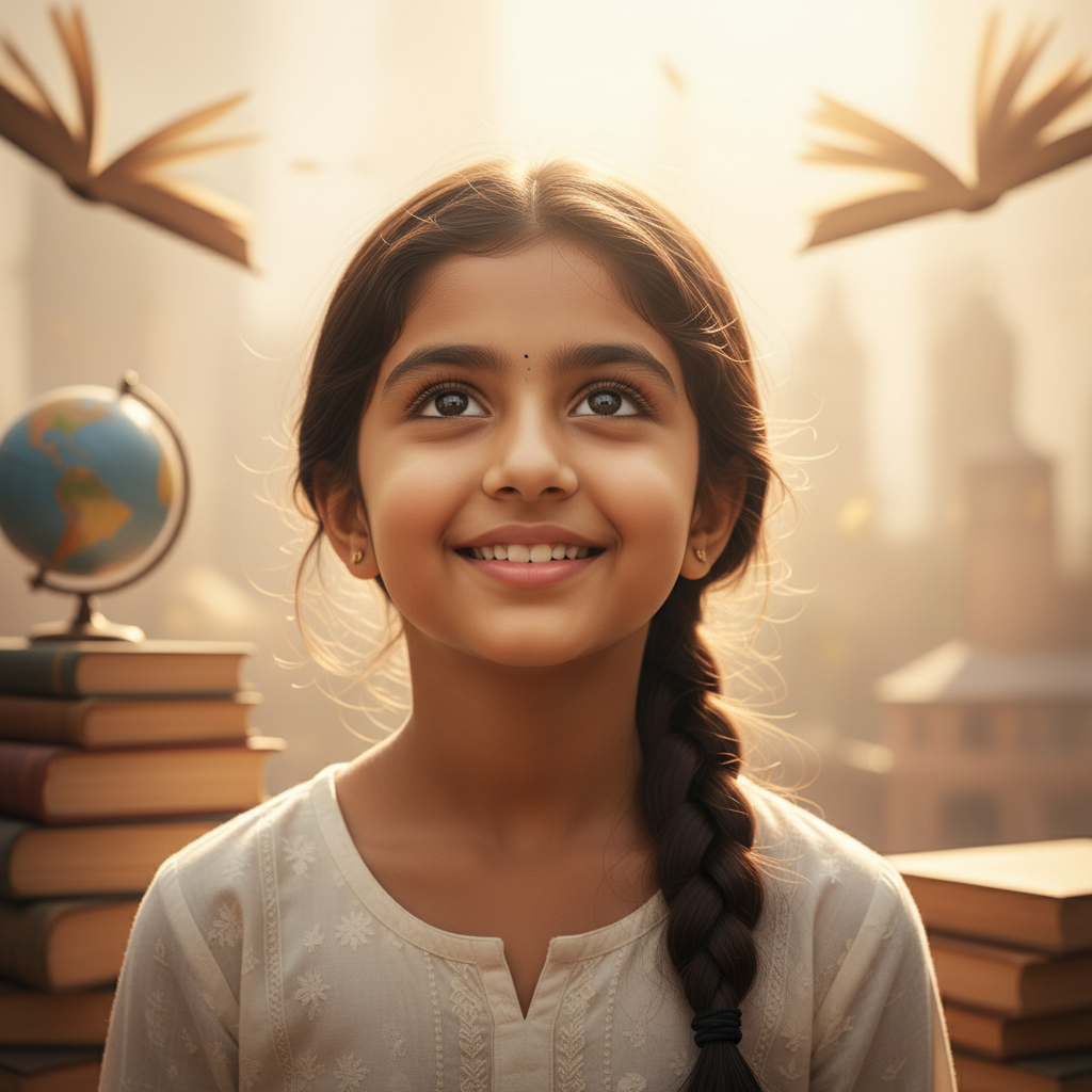 close up portrait of a young Indian girl looking towards a bright future, blurred background symbolizing education, warm lighting, hopeful expression, realistic style