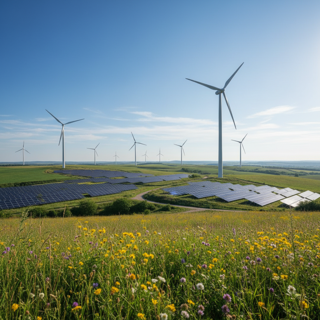 Beautiful green landscape with wind turbines and solar panels, symbolizing renewable energy and sustainability, bright sunny day, photorealistic
