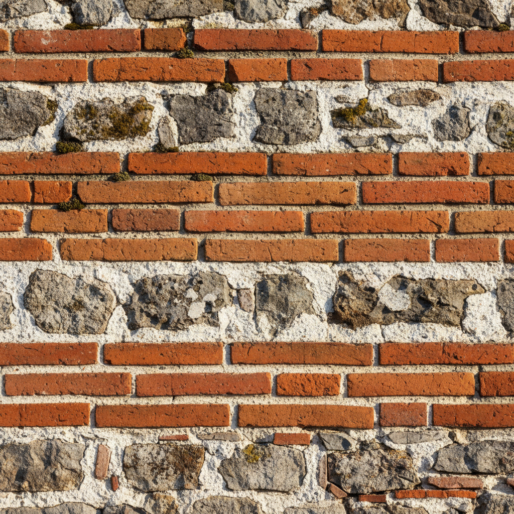 Close-up texture of Byzantine brickwork (plinthos) with thick mortar layers, interspersed with stone bands (opus mixtum), sunlight grazing the texture, realistic architectural photography