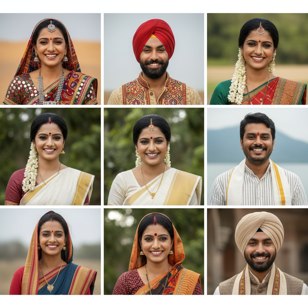 A montage of friendly Indian faces from different regions wearing diverse traditional clothing, smiling warmly