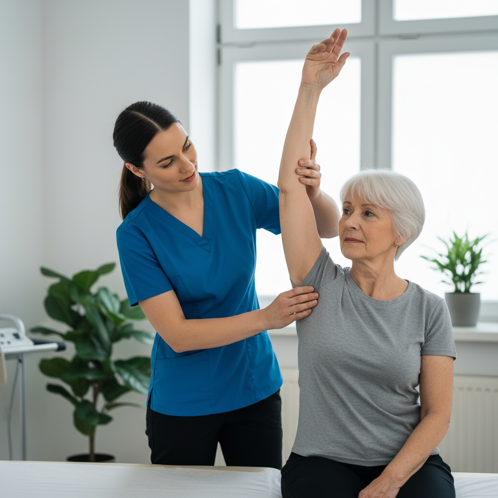A physiotherapist gently assessing a patient's shoulder range of motion in a clinic, professional setting, the patient is an older woman, physio is supportive.
