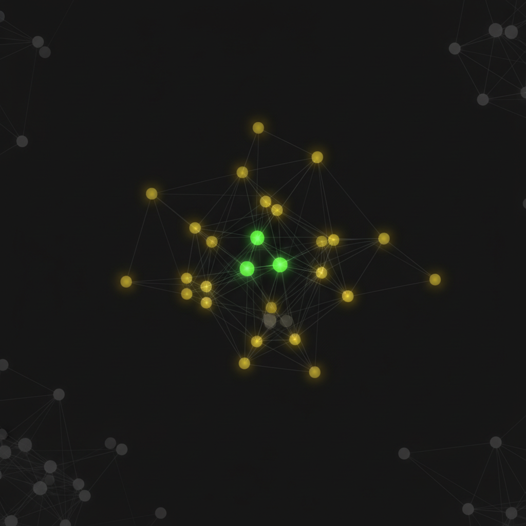 Dark background network graph. A few nodes are glowing green (leaders), surrounded by yellow nodes (inhibited), connected by grey lines. Minimalist tech style.